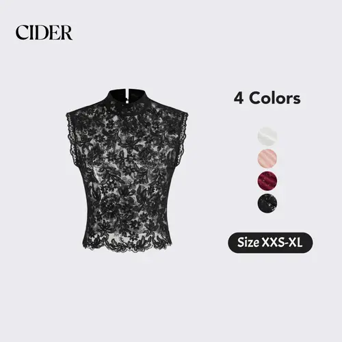 Cider Lace Crop Top with Mandarin Collar – Sheer Floral See -Through Tank, Layering-Friendly for Date Nights & Spring Outfits Dealsforyou