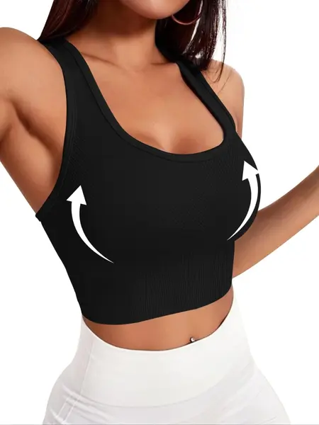 Women's Solid Wireless U Neck Ribbed Sports Bra, Breathable Comfortable Sports Bra, Ladies Sportswear for Indoor Outdoor Wear, Exercise Bra, Gym Bras, Workout Bra
