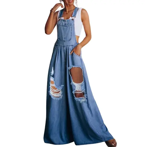 Chouyatou Women's Loose Adjustable Strap Wide Leg Denim Bib Overall Jeans Pants Womenswear Comfy Lightweight Overall with Pocket