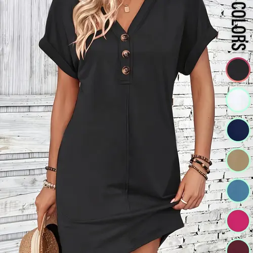 Women's Plain Button V Neck Basic Blouse Tee Dress, Casual Minimalist Short Sleeve Batwing Sleeve Short Dress for Summer, Fashion Women's Dress