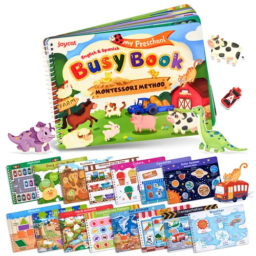 JoyCat Preschool Montessori Busy Book for Kids - Language Sensory Toy, Busy Board, Alphabet Flashcards, Color Recognition, Counting Games, Farm Animals Matching, English & Spanish Version, Daily Life Themes, Autism Learning Material