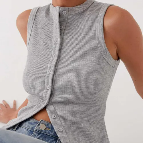 Women's Plain Button Front Ribbed Tank Top, Casual Sleeveless Round Neck Top for Daily Wear, Ladies Clothes for All Seasons