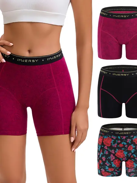 INNERSY Women's 4-Inch Inseam Boxer Briefs 3-Pack, Cotton Boyshorts Underwear, Soft & Comfortable Ladies Panties, Breathable & Stretchy for Everyday Wear & Full Coverage Womenswear Smooth