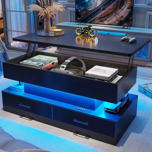 Sikaic 40" Lift Top Coffee Table, Coffee Tables with Storage for Living Room, Small Coffee Table with 2 Drawers & LED Light for Dining and Reception Room Summerwins