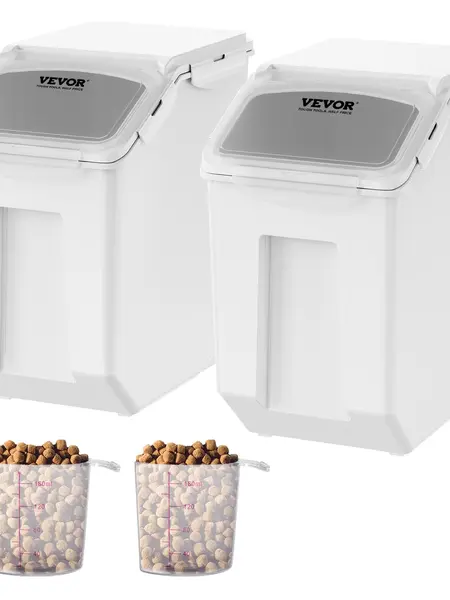 【Father's Day Gift】VEVOR 2-Piece Stackable Airtight Dog Pet Food & Snack Container Set, PP Bins with Ingredient Dispenser, Variable Sizes, Measuring Cups, Attachable Casters, Spill-Free Hold for Kitchen Rice Cereal Flour, Storage Organizer