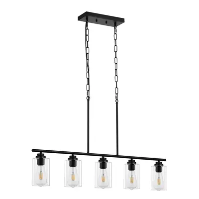 【fathersdaygift】VEVOR 5-Light Kitchen Island Pendant Lights 60WAdjustable Dining Room Light Fixture with Clear Glass Lampshade 4 Rods 2 Metal ChainsMetal Frame Farmhouse Linear Chandeliers for Dining RoomE26