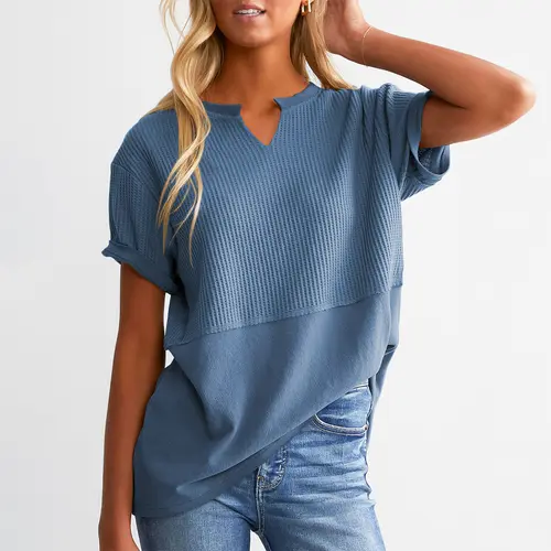 Shewin Summer Outfit Women's V-Neck Short Sleeve Knit Top, Solid Color, Plus Size, Fits Essential Women's Clothes for Casual Wear Beach Tee T Shirt Intimates
