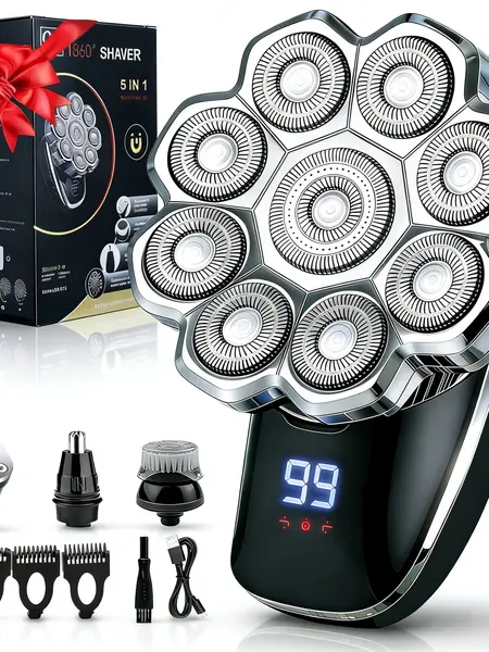 6-in-1 Electric Head Shaver, Waterproof Wet/Dry Grooming Shaver & Accessories, Cordless Rechargeable Bald Head Razor for Home & Travel, Multifunctional Epilator