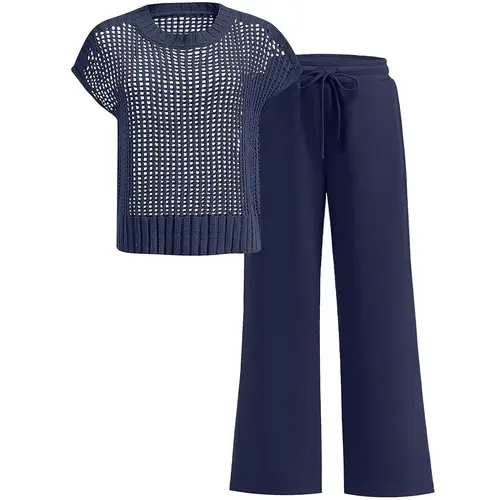 ANRABESS Women Summer Two Piece Sets Crochet Sheer Knit Sweater Top Wide Leg Pants Lounge Matching Sets Sweatsuit Comfort Vacation Going Outfits