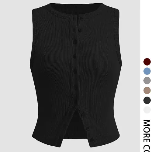 Women's Plain Button Front Ribbed Crop Tank Top, Casual Chic Sleeveless Round Neck Top for Daily Wear, Ladies Clothes for All Seasons Womenswear, Casual Everyday Top Crop Tops