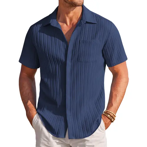 Coofandy Men's Casual Button Down Shirt - Navy Blue Textured Short Sleeve Fitted Collared Neck Summer Beach Top for Men - Canvas