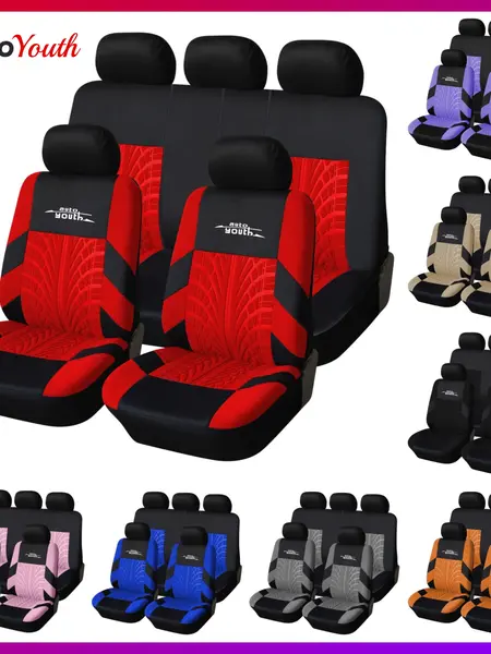 Car Seat Covers for 5 Seats Universal, Fabric Breathable Car Front & Rear Seat Protectors, Airbag Compatible, Full Protection, Fits Most Cars Trucks Vans SUVs, Red Gray Black Blue Seat Covers, Car Decor Gift, Truck Accessories, Car Interior Accessories