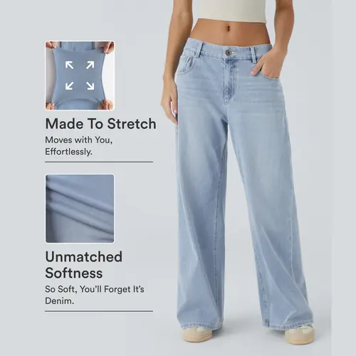 Halara Flex Low Rise Zipper Pockets Washed Baggy Wide Leg Casual Jeans