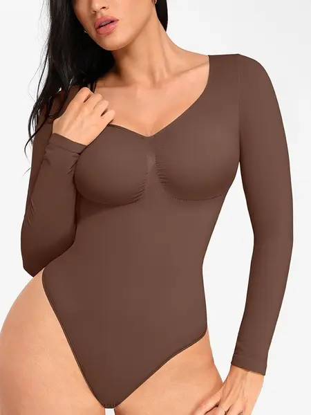 FeelinGirl Womenswear Seamless Long Sleeve Thong Bodysuit V Neck Going Out Fabric Comfortable Casual Breathable