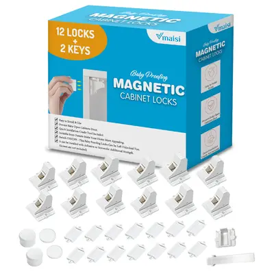Vmaisi Baby Proofing Adhesive Magnetic Cabinet Locks 12 Locks & 2 Keys Invisible for Drawers Kitchen Pantry Room Storage Area Bathroom
