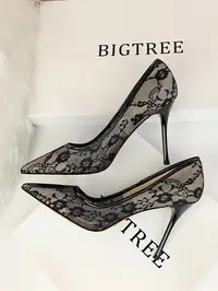 Women's Mesh Hollow Design with Contrast Lace Pointed Toe Stiletto Heeled, Stylish Elegant Classy High Heeled Dress Formal Shoes for Party, Perfect Footwear for Outfit Matching, Wedding Party Shoes