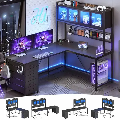 Sikaic L Shaped Gaming Desk with Drawers, L Shaped Computer Desk with Hutch and Storage Shelves, Gaming Desk with Pegboard, LED Lights, and Power Outlet, Home Office Desk, Corner Desk Summerwins