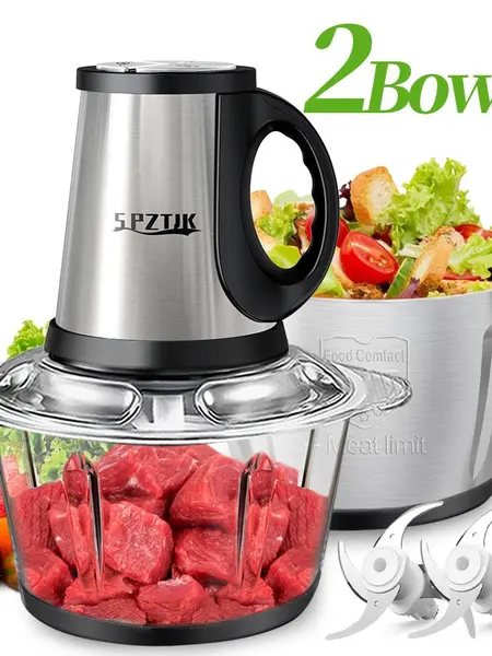 SPZTJK 2L Baby Food Processor & Meat Grinder - 2 Free Dishwasher-Safe Blades & Bowls, Pure Copper Motor for Homemade Puree/Nuts/Meat, BPA-Free & Quiet Design for Family Cooking