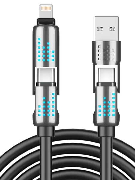 240W 4-in-1 USB-C Cable, PD 5A Fast Charging, Data Sync, USB-A, Type-C, Lightning,  Aluminum, Compatible with iPhone 16/15, iPad, Samsung, Laptops, Tech Gadgets, Accessories, Silicone, Smartphone