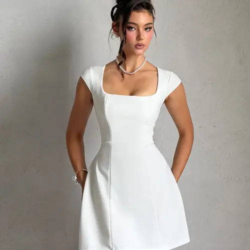 Women's Plain Square Neck A Line Dress, Formal Wear, Elegant Cap Sleeve Short Dress for Party Holiday Wedding Guest, Ladies Fall Clothes