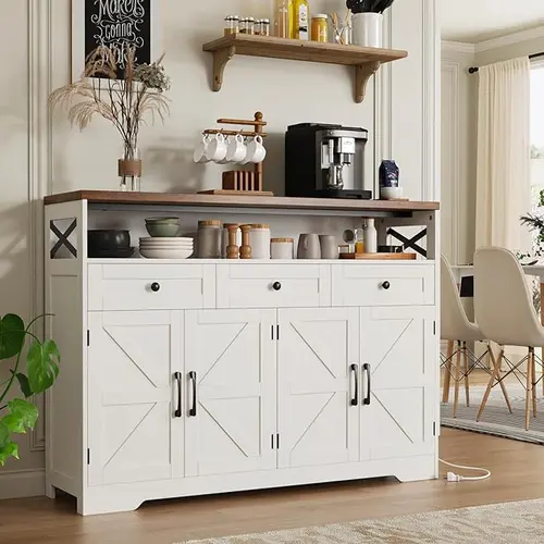 [Summergarden] Vabches Farmhouse Buffet & Sideboard Cabinet - White Wooden Construction Pantry with Multiple Drawers, Cupboard Hutch, Coffee Bar Station for Kitchen, Living Room