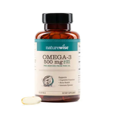 NatureWise Omega 3 Fish Oil - 500 mg per Pill - 300mg EPA & 200mg DHA - Sustainably Sourced for Purity - Gluten and Soy Free, Non-GMO - USA Manufactured