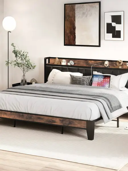 LIKIMIO Bed Frame, Storage Headboard with Charging Station, Solid and Stable, Noise Free, No Box Spring Needed, Easy Assembly Transitional Platform Bed Sturdy Platform Bed