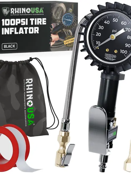 Rhino USA Tire Pressure Gauge with Inflator (0-100 PSI) - Heavy Duty Air Chuck and Compressor Accessories