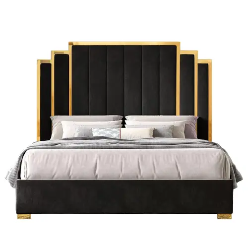 [Summerwins]VanAcc Bed Frame and 65" Headboard, Upholstered Bed with Golden Plating Trim, Modern Platform Bed No Box Spring Needed/Christmas Gift