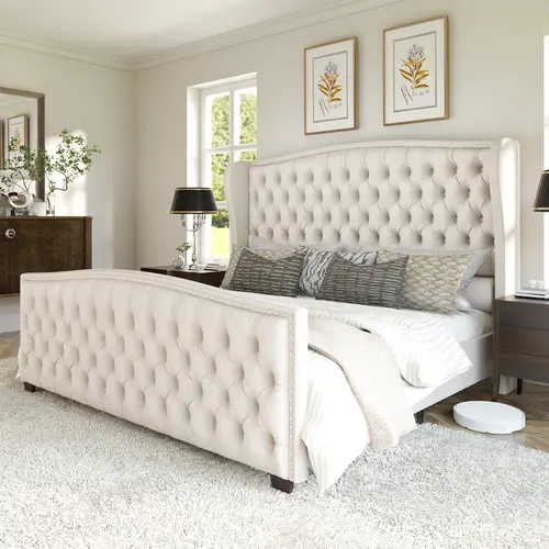 [Summerwins]VanAcc Luxury Bed Frame, Velvet Upholstered Bed with Deep Button Tufted Design& Nailhead Trim Wingback Headboard, Unique Bedroom Furniture, No Box Spring Needed/Durability/KING/QUEEN