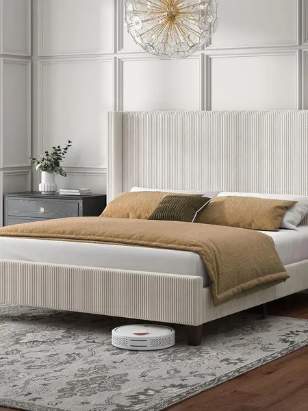 [Summerwins]【Bed Frame Only】VanAcc Upholstered Platform Bed Frame, Wingback Bed with 50.8" Headboard, Modern Corduroy Design, Solid Wood Leg/No Box Spring Needed, Unique Bedroom Furniture