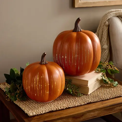 Set of 2 Illuminated Starry Night Glass Pumpkins by Valerie