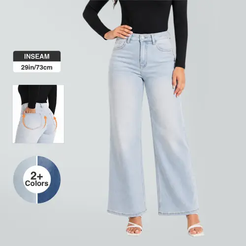 Camila BlueMoment Wide Leg Jeans High-waisted Stretchy Denim No Distressing Buckle Baggy Pants Medium Blue M042701 Underwear Streetwear Lady Trouser Comfortable Denim Minimalist Tummy Control BBL Spring Fashioin Daily Outfits