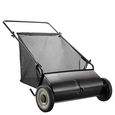 【DealsForYouDays】VEVOR Push Lawn Sweeper, 26-in Leaf & Grass Collector for Sidewalk & Driveway, Strong Rubber Wheels, Heavy-Duty Thick Steel, Portable, 4 Spinning Brushes with Adjustable Height, 7 cu ft Mesh Hopper Bag