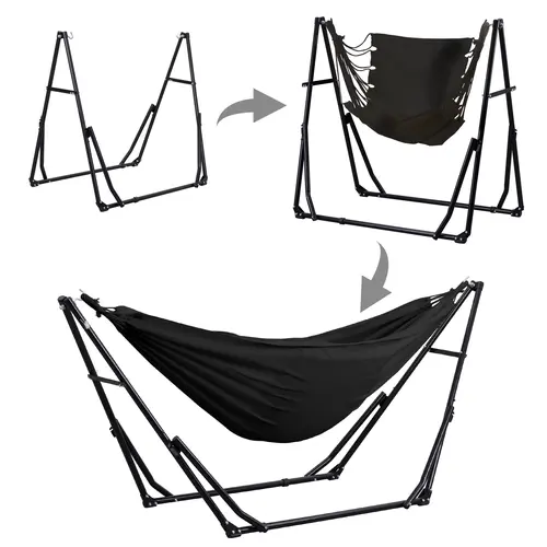 【Summer Outdoors】GDY Hammock Life Double Fabric Hammock Chair with Stand Black Max 350 lbs Capacity for Hammock Camping Outdoor Lounge Modern Aesthetic Design Minimal Portable Compact Easy Setup Carabiners Included