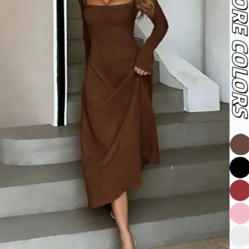 Women's Plain Lace Up Tie Back Flounce Sleeve Dress, 1 Count Chic Elegant Aesthetic Square Neck Long Sleeve A Line Formal Wear Dress for Party Holiday Wedding Guest, Ladies Spring&Fall Clothes