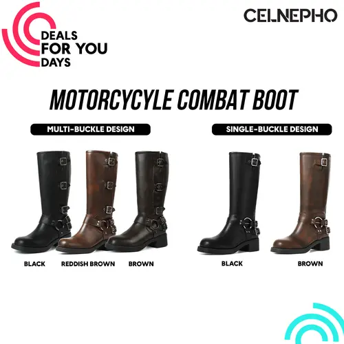CELNEPHO Motorcycle Combat Boots for Women Round Toe Chunky Block Vintage Heel Metal Buckle Design Comfy Easy Pull on Rocky Boots Gift Party Date Bike Riding Casual Long Tall Punk Summer Footwear Fashion Dress Shoes Deals For You Days