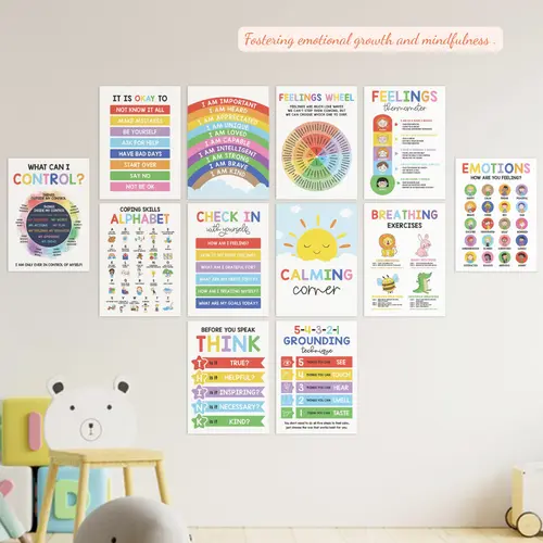 Kyleray 12 Pcs Durable Design Calming Posters - ESL Learning Materials, Emotional Chart, Feelings Wheel, Classroom Decoration, School Supplies for Kids’ Calm Down Corners to Stop Meltdowns & Build Lifelong Coping Skills