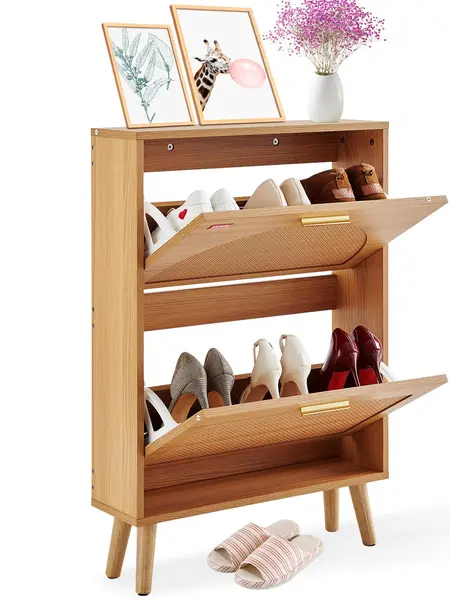【DealsForYouDays】VEVOR Shoe Cabinet with 2 Flip Drawers Shoe Storage Cabinet for EntrywayFree Standing Shoe Storage Organizer with Rattan Doors for HeelsBootsSlippers in HallwayLiving Room