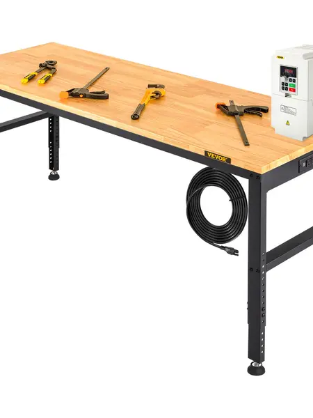 【DealsForYouDays】VEVOR Workbench Adjustable Height 61" x 20" Garage Table with 27.1" - 36" Heights & 2000 LBS Load Capacitywith Power Outlets & Hardwood Top & Metal Frame & Foot Padsfor Workshop Office Home