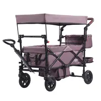 【DealsForYouDays】VEVOR Wagon Stroller for 2 Kids, Push Pull Quad Collapsible Stroller with Adjustable Handle, Encircling Harness Removable Canopy, 4 Wheels with Brakes, Mutifunction Tandem Stroller for Camping