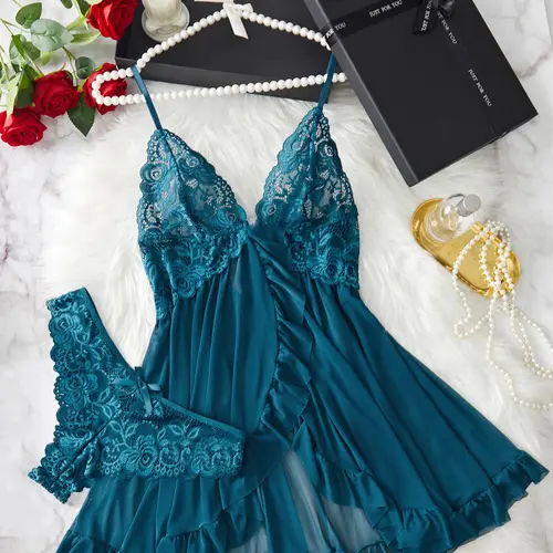 Ladies' Sexy Ruffle Trim Cami Nightdress & Bow Decor Panty Set, Comfortable Playful Floral Lace Sheer Sleepwear Set, Glamour Lingerie Set