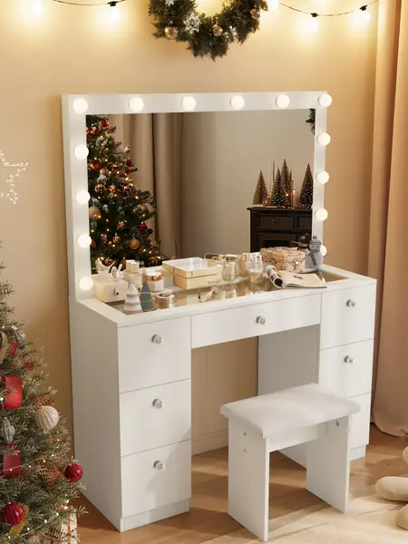 VOWNER Modern Makeup Vanity Desk with Lighted Mirror and Stool,Makeup Table Sets with Drawers and Glass Desktop, Furniture Bedroom vanity mirror