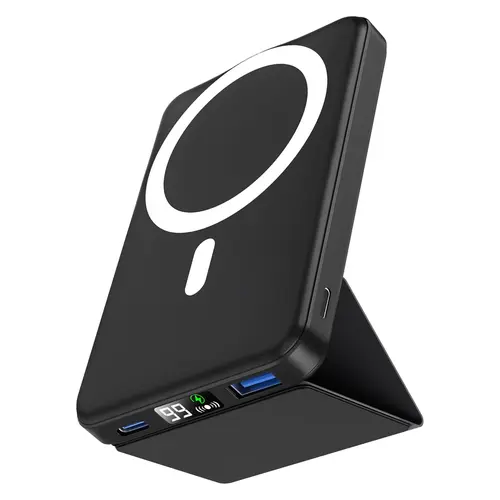 Podoru 10000mAh Silicone Magnetic MagSafe Battery Power Bank, Wireless Charger Phone Accessory with LED Display, Foldable Stand, 20W PD Fast Charging, USB Output, USB-C & Lightning Input for iPhone 17/16/15/14/13/12 Series