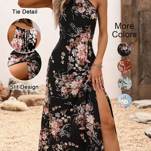 Women's Floral Print Split Thigh Halter Dress, Tie Back Design, Bohemian Boho Chic Summer Long Sleeveless Fitted Dress, Elegant Printed Series