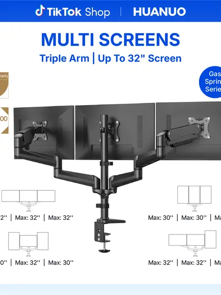 HUANUO Triple Monitor Computer Stand for 17"-32" Adjustable Mount Screens, Gas Spring Home Office Desk Accessory with Swivel, Tilt, Rotation, Clamp & Grommet Mounting Brackets Screens, Dual Monitor Setup Compatible#TikTokShopBlackFriday