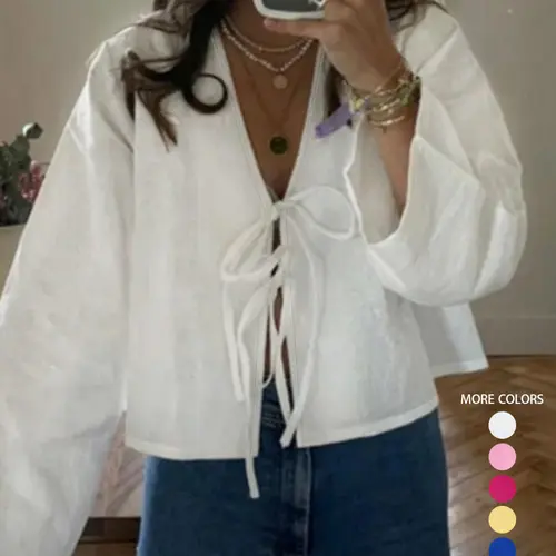 Women's Minimalist Plain Woven Tie Front V Neck Blouse, Shirts, Casual Long Sleeve Top for Spring & Fall, Women's Clothing for Daily Wear