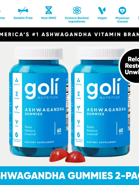 2 Bottles of Goli Ashwagandha & Vitamin D Gummy - Mixed Berry, KSM-66, Vegan, Plant Based, Non-GMO, Gluten-Free & Gelatin Free.