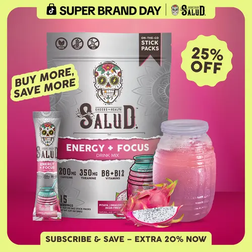 Salud 2-in-1 [Energy + Focus - Pitaya | Dragon Fruit] Clean Energy Drink Mix, Agua Fresca, Organic Caffeine (200mg), L-Theanine (350mg), L-Tyrosine, Vegan, Non-GMO, Gluten Free, Low Calorie, 1g Sugar (15 Servings)