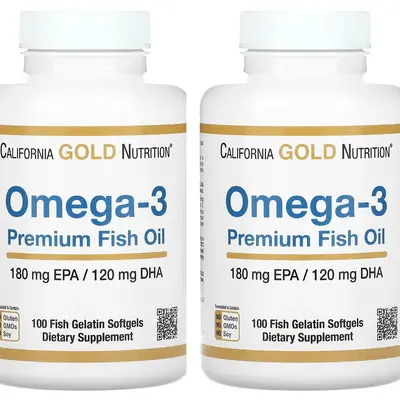 California Gold Nutrition Omega-3, Premium Fish Oil, 180 mg EPA / 120 mg DHA Concentrated Triglyceride Form, 100 Fish Gelatin Softgels (2 Pack)